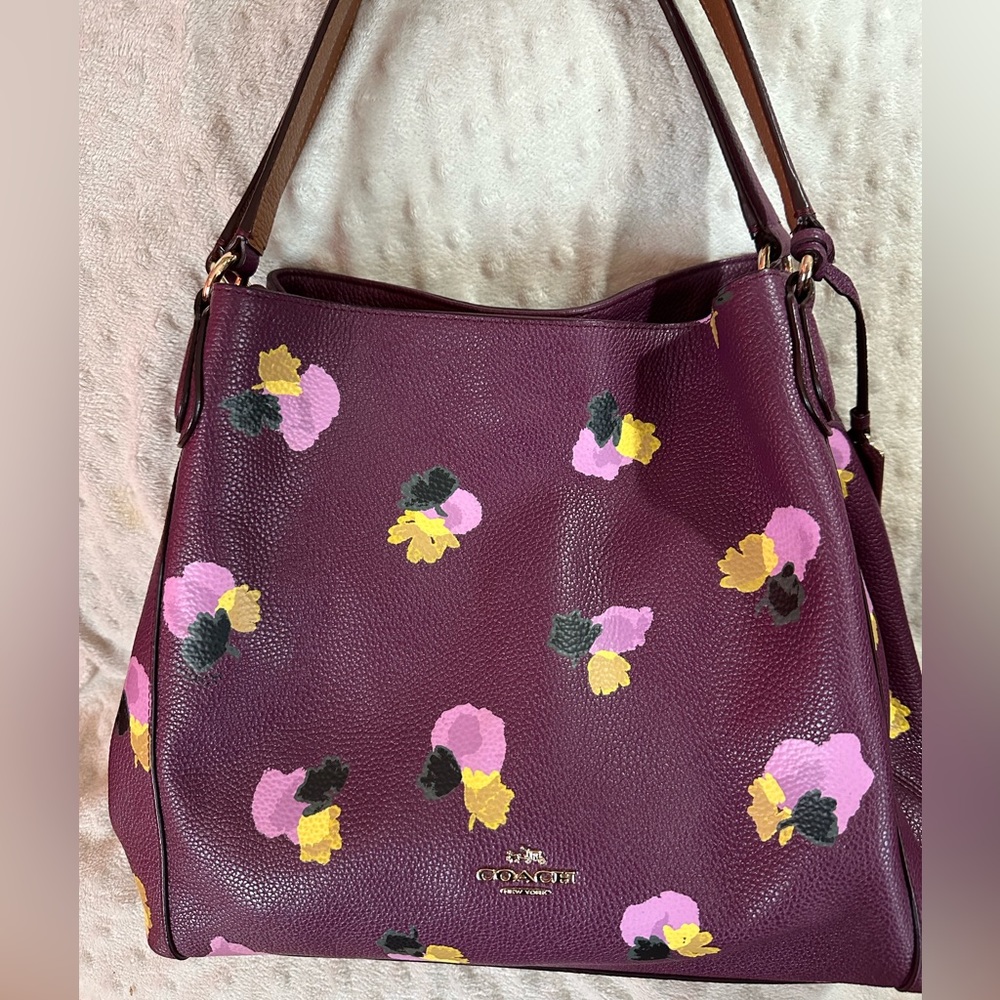 Coach Edie 31 -37160 Floral Print Plum Purple Pebbled Leather Hobo Bag